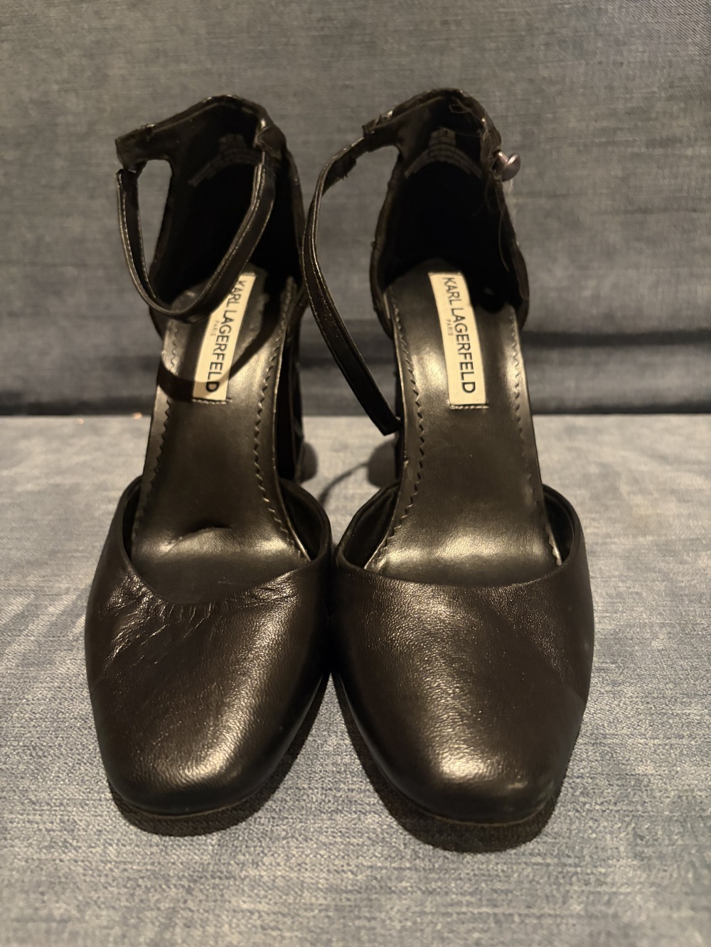 Karl Lagerfeld Black Leather Ankle-Strap Block Heel Pumps